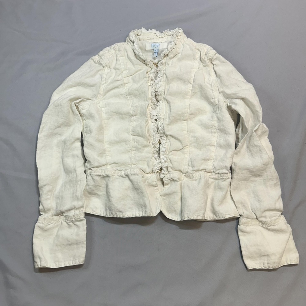 Escada Sport Jacket Womens 36 White Linen Ruffle Trim Hook Eye Ren Faire Italy